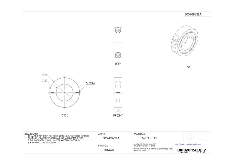 Climax Part M2C-30, Mild Steel, Black Oxide Plating, Metric Clamping Collar, 30 Millimeter bore, 2 1/8 inch OD, 15 Millimeter Width, M 6 x 16 mm Clamp Screw