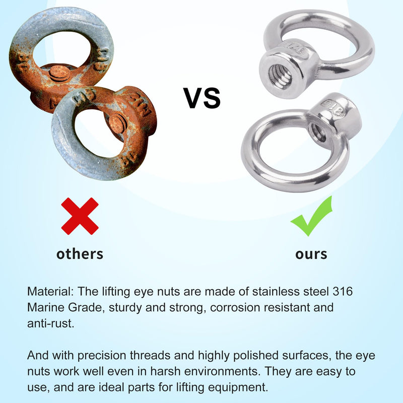 PAGOW 6 Pieces Stainless Steel 316 Lifting Eye Nut, 1/4" UNC Heavy Duty Marine Grade, Hardware Ring Shaped Eye Bolt