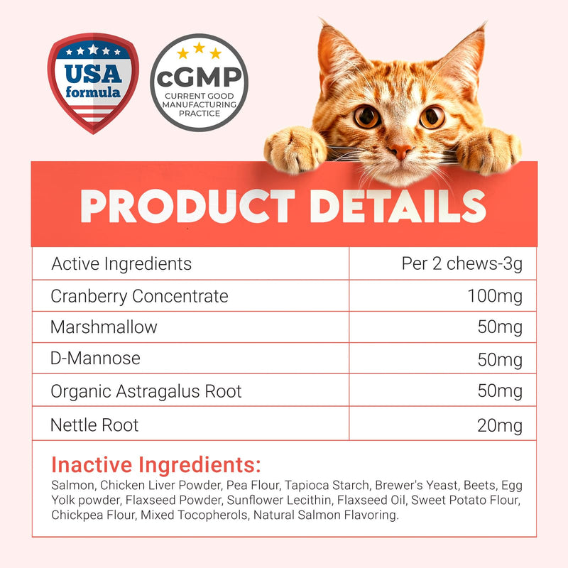 Bladder Chews for Cats UTI - Cat Urinary Tract Support with Cranberry & D-Mannose - Soft Bites for Feline Bladder & Kidney Health Prevention, Salmon - 200 Count
