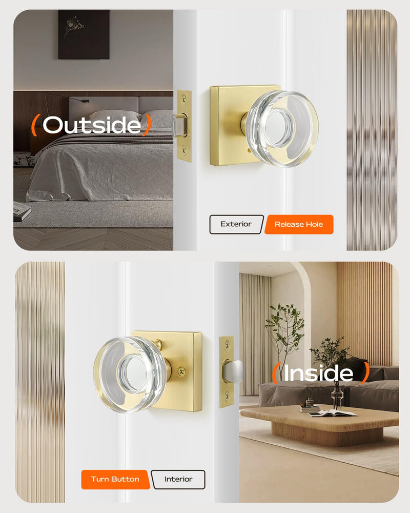 Leydebong 2 Pack Crystal Door Knobs, Gold Door Handles Interior, Premium Bathroom/Bedroom Door Levers with Lock, Glass Door Knobs Privacy Function with No Key Satin Brass - Privacy