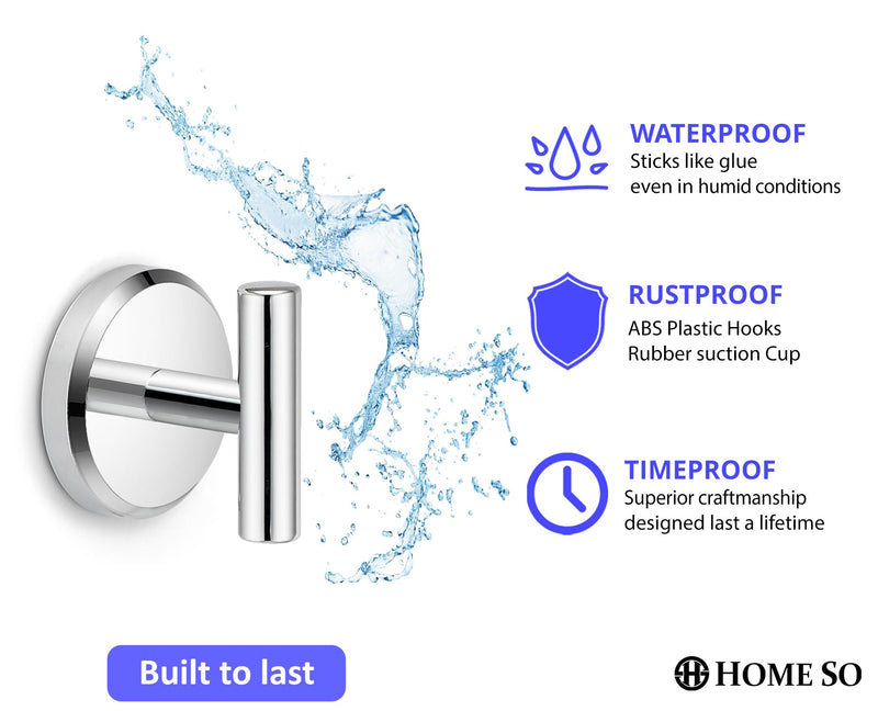 HOME SO Suction Cup Hooks T Shape for Shower, Bathroom, Glass Door, Mirror, Tile – Loofah, Towel, Coat, Bath Robe Hook Holder for Hanging up to 15 lbs – Waterproof & Rustproof, Chrome (2-Pack) 2.0
