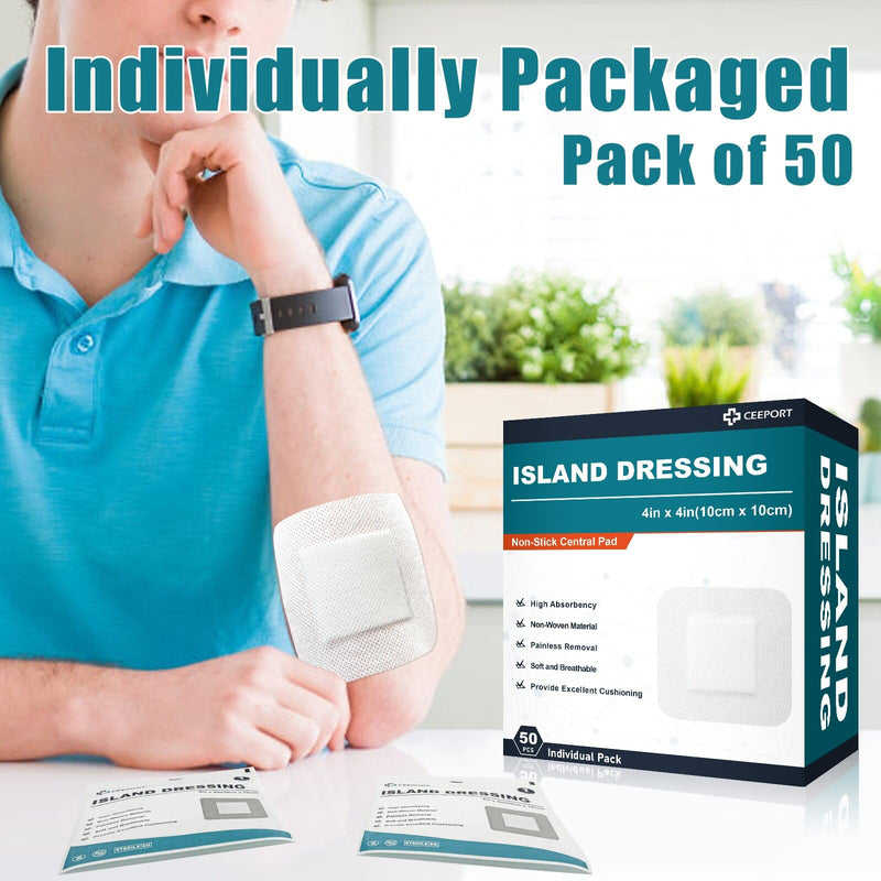 Island Dressing 4"x4", 50 Individually Packed Bordered Gauze Pads, 2"x2" Non-Stick Pad in Center with Adhesive Border, Highly Absorbent Non-Woven Medical Grade Bandages for Wounds, First Aid