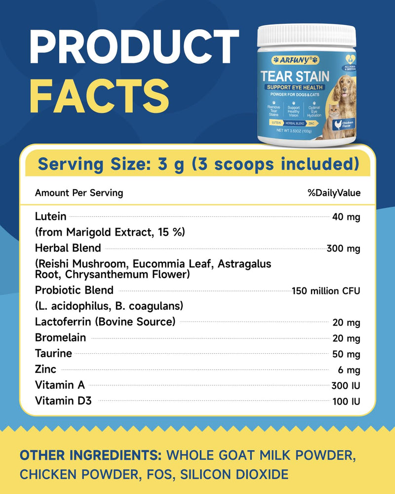 Tear Stain Remover for Dogs & Cats - Pet Tear Stain Supplement - Daily Support for Overall Eye Health - with Lutein, Zinc, Lactoferrin, Vitamins - Chicken Flavor Powder, for All Breeds