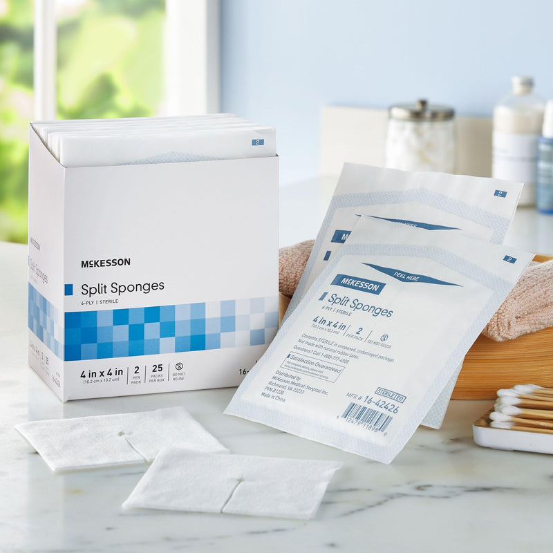 McKesson Split Sponges, 6-Ply Sterile, I.V. and Tracheostomy Dressings, Polyester/Rayon Blend, 4 in x 4 in, 2 Boxes, 25 Packs per Box, 2 per Pack, 100 Total