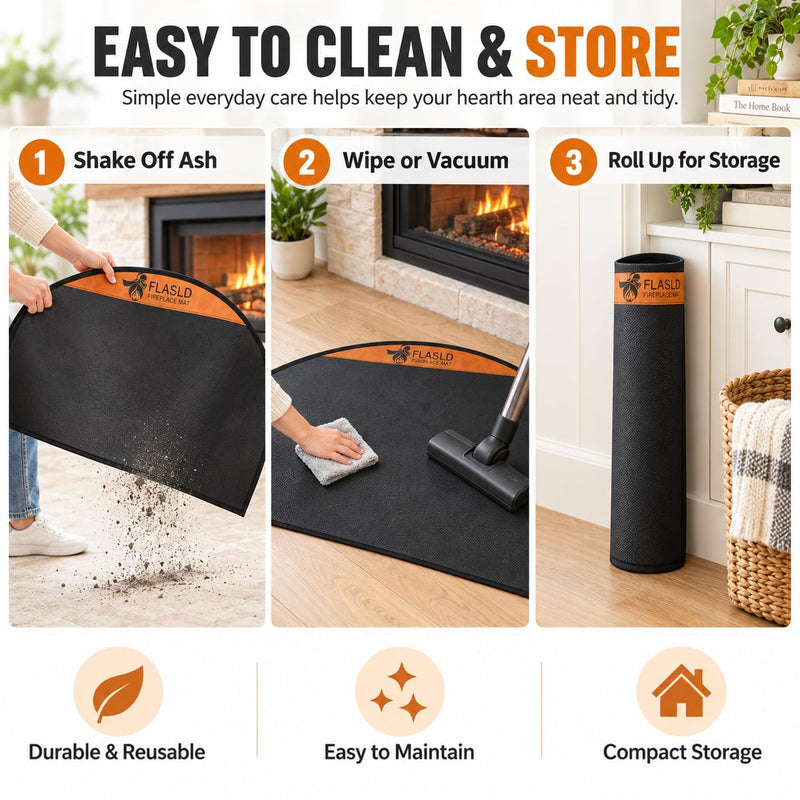 FLASLD Fireproof Fireplace Mat 28×48Inch Half Round Floor Protector 28×48 inch (Semicircular) Black with brown label