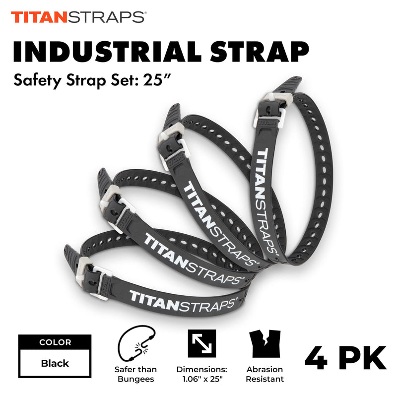 Titan Industrial Straps – Strong & Simple Tie-Downs for Construction (Welders, DIY Home) & 1st Responders – 3 Year Warranty, Batch Tested – 70 lb. Working Load, 25" Length, Black, 4-Pack 25" Length / 4-Pack
