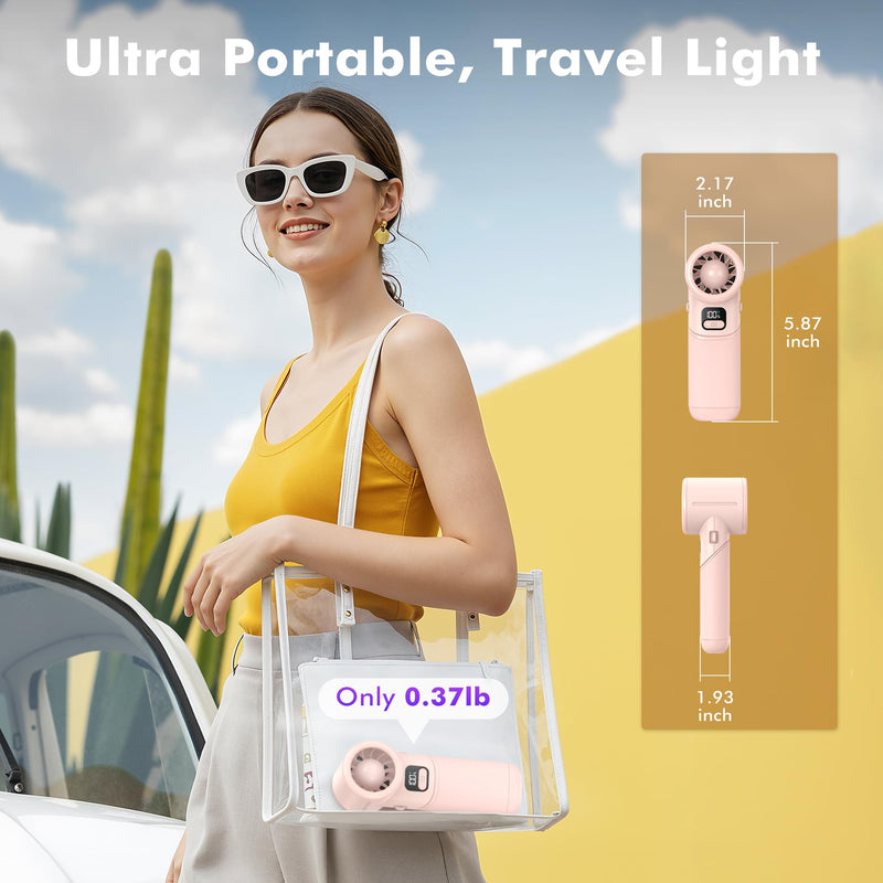AMACOOL Portable Handheld Turbo Fan丨5 Speed Foldable Hand Fans丨Max 20 Hours Runtime丨Rechargeable Mini Pocket Cooling Fan for Travel, Outdoor Activities, Gifts for Women Pink