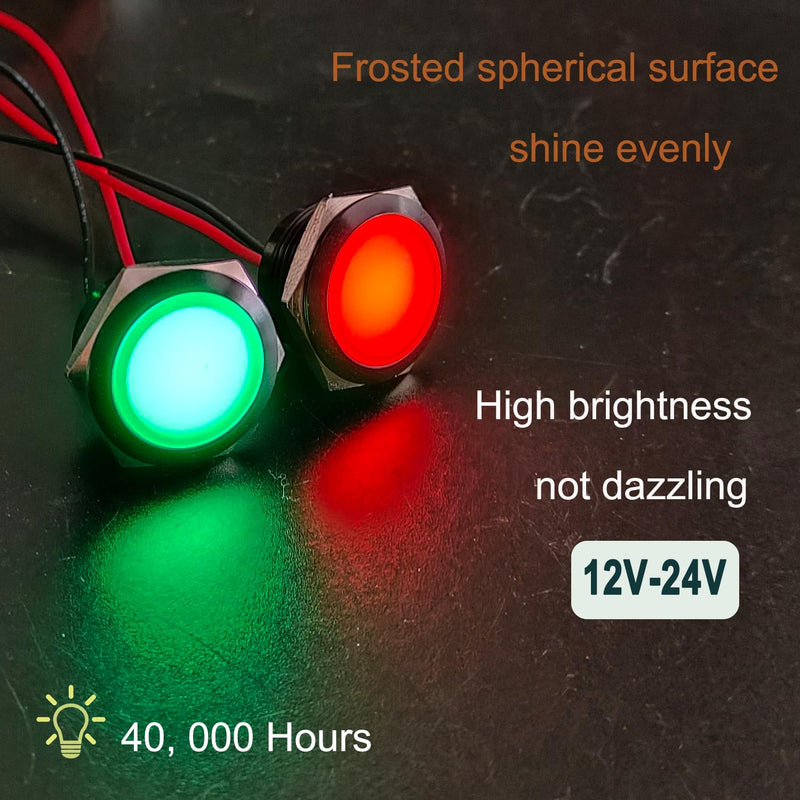 2PCS 16mm Metal Indicator Light, 12-24V AC/DC 20mA Waterproof IP67 Single lamp LED Pilot Lamp Raised Head with Wire for Car Truck Boat(Red LED) Black Anodized Shell Red 12-24V 16mm