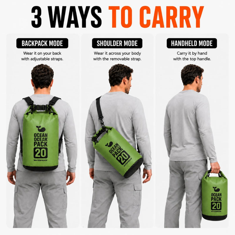 Waterproof Dry Bag with Phone Pouch, 20L Floating Roll Top Dry Sack Backpack for Kayaking, Boating, Paddle Boarding, Beach, Camping & Fishing | Lightweight Marine Gear for Men & Women Forest Green