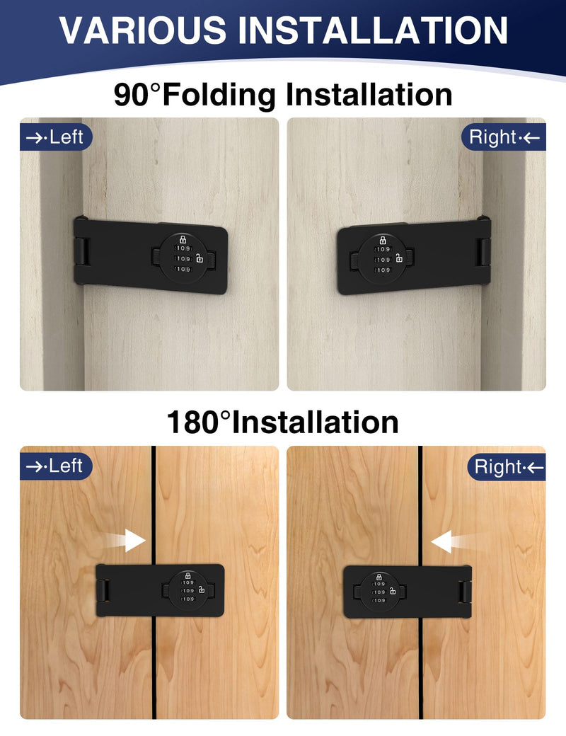 Keyless Cabinet Combination Lock, 3-Digit Password Twist Knob Hasp Latch for Doors, Cabinets, Drawers, Barn Door, Bathroom, Outdoor, Closet, Fence, Durable Zinc Alloy, (Black, 1 Pack) Black