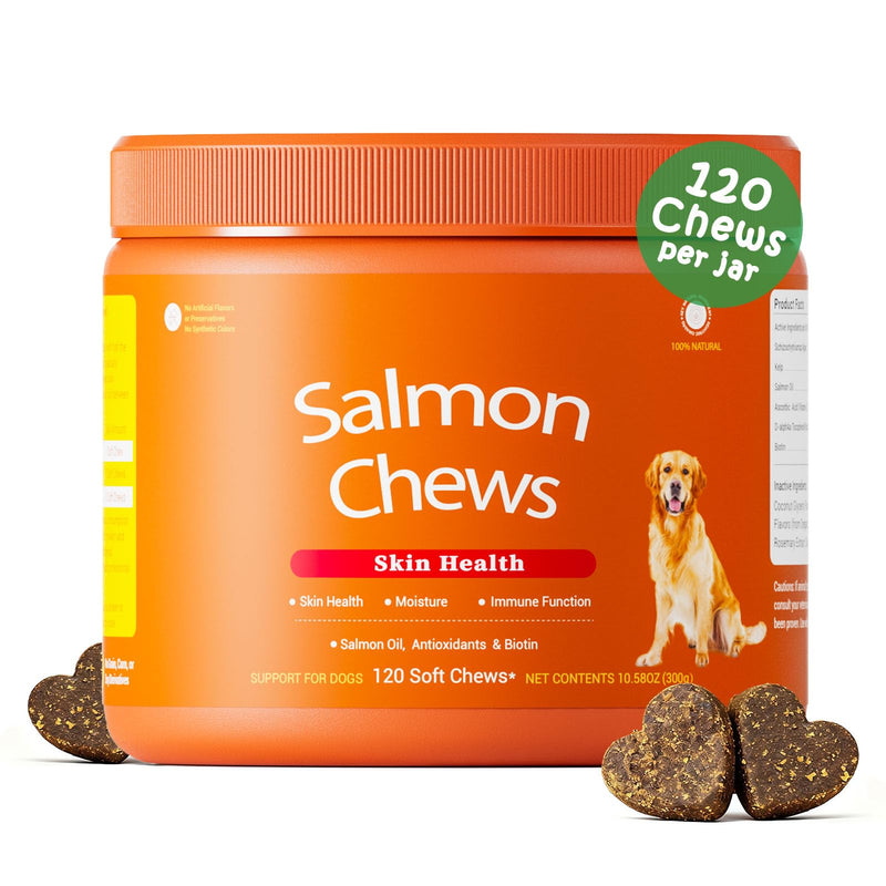Salmon Oil for Dogs Skin and Coat, Omega 3 Fish Oil Chews, Dog Allergy Relief Chews, Itch Relief Supplement, 120 Count, Salmon Flavor