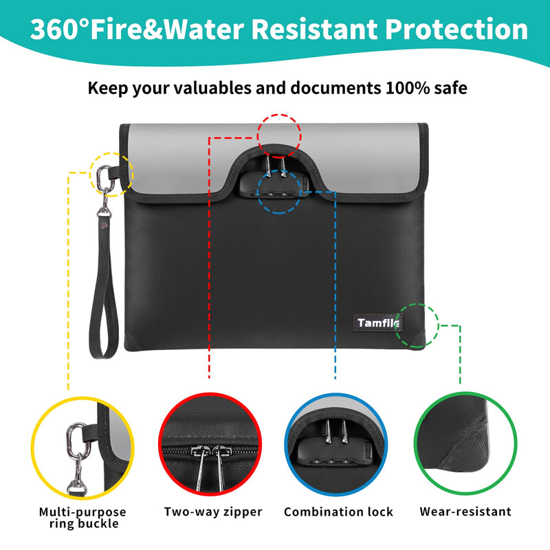 5200°F Fireproof Money Bag with Lock, Water Fireproof Document Bag with Zipper, 8 Layers Fire Insulation, Fireproof Safe Storage Pouch with Lock for Cash, Passport, Certificate(10" x 13", Black) Medium Size(10" x 13")