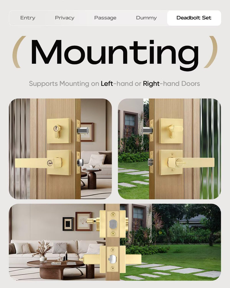 Leydebong 1 Pack Gold Entry Door Locksets with Single Cylinder Deadbolt, Front Door Lock Set, Heavy Duty Entrance Lever Door Handle Single Keyed Square Deadbolt Lock Single Cylinder Deadbolt Lockset - Keyed Alike Satin Brass