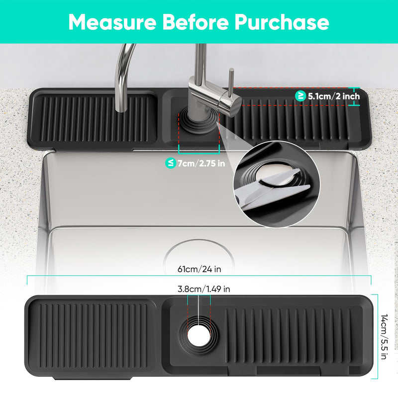 24 Inch Longer Faucet Mat for Kitchen Sink [5°Slope Fast Self-draining]Bathroom Kitchen Sink Splash Guard Silicone Sink Faucet Mat Splash Guard Kitchen Sink Area Tidy Splash Faucet Guard Draining Mat Black 24" x 5.5"