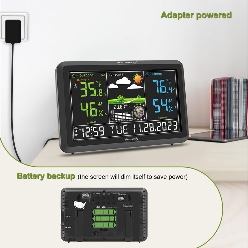 DreamSky Weather Station Indoor Outdoor Thermometer Wireless with Digital Atomic Clock for Home, Large Display with Dimmer, USB Port, Inside Outside Temperature Humidity Monitor (Adapter Powered) Black (Plug-in)