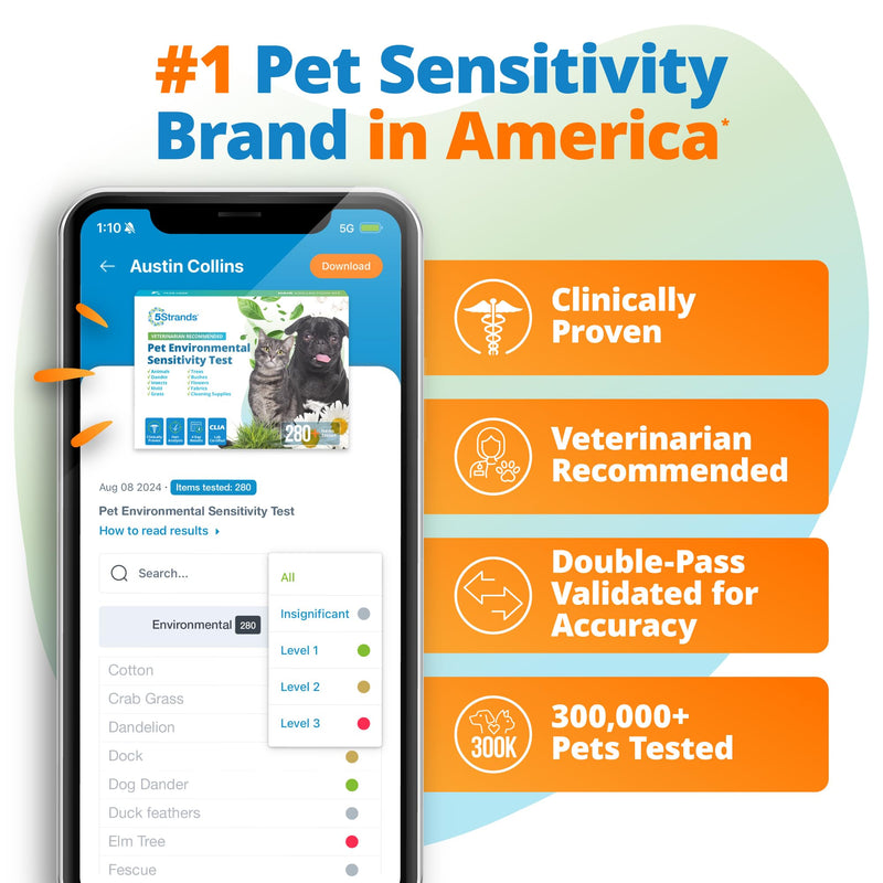 5Strands Pet Environmental Sensitivity Test, 282 Items Tested, at Home Intolerance Test for Dogs & Cats - Fabrics, Grass, Trees, Pollen, All Ages & Breeds, Pet Health Check, Results in 4 Days