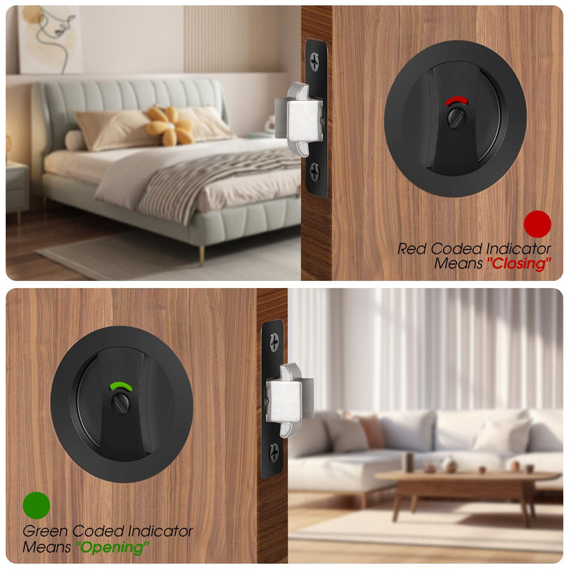 Matte Black Pocket Door Hardware with Indicator, Contemporary Privacy Round Pocket Door Lock, Heavy Duty Flush Pocket Door Hardware for Bathroom, 2-3/8" Backset, Matte Black Privacy with Indicator