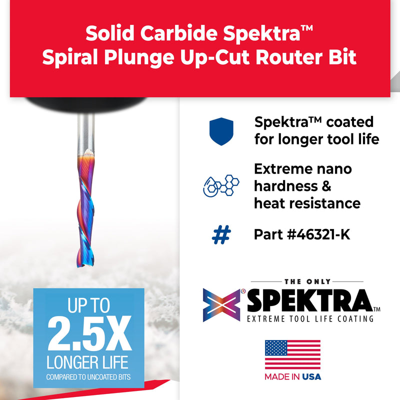 Amana Tool Spektra Extreme Tool Life Coated Solid Carbide Spiral Plunge Router Bit, 46321-K, 1/4 Dia x 1-1/4 CH x 1/4 Shank 3 Inch Long Up-Cut