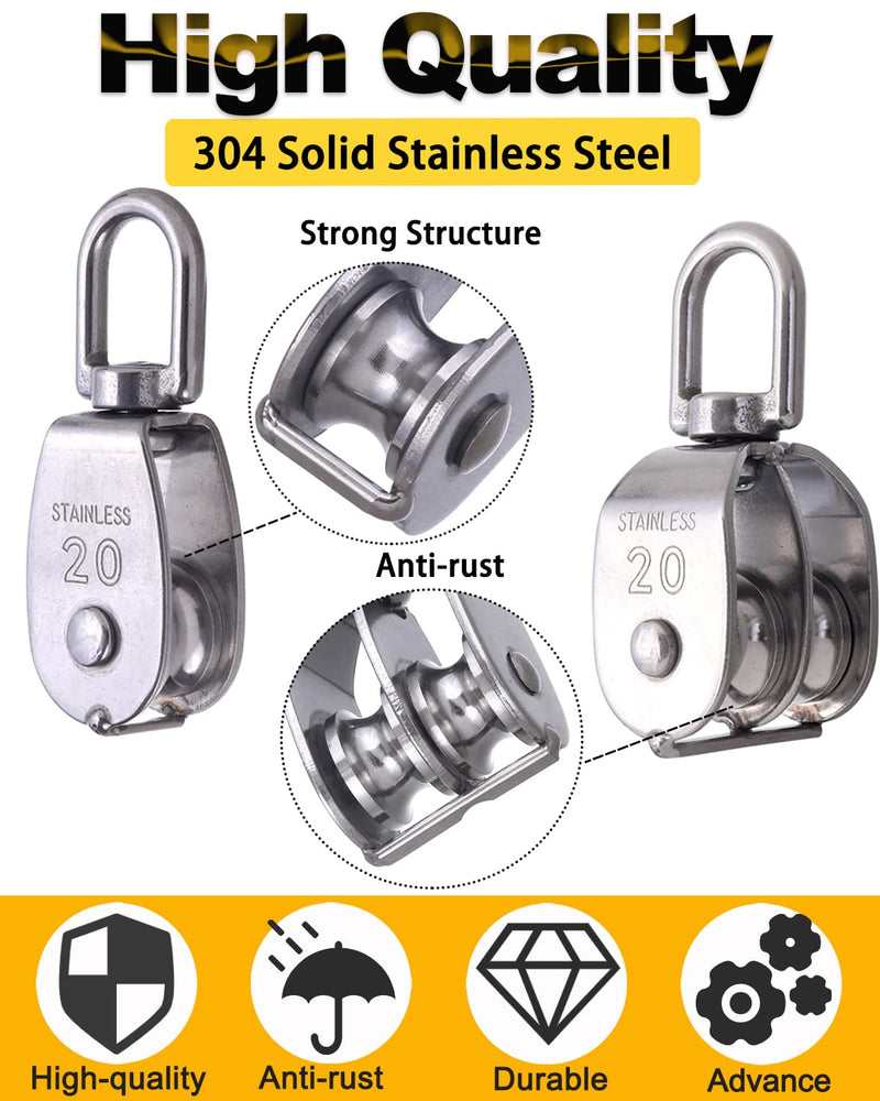 Rocaris 4 Pack M20 Pulley Block, 2 Pcs Single Pulley & 2 Pcs Double Pulley 304 Stainless Steel Wire Rope Lifting Swivel Hook 2 Pack Single & 2 Pack Double