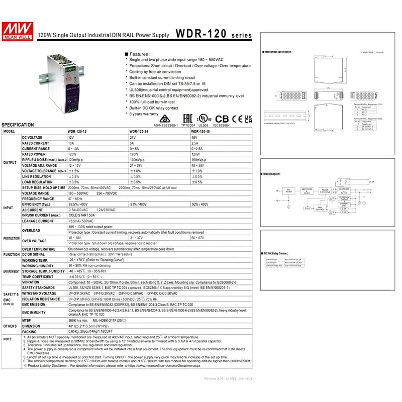 WDR-120-24 24V DIN Rail Power Supply 120W for Industrial Automation