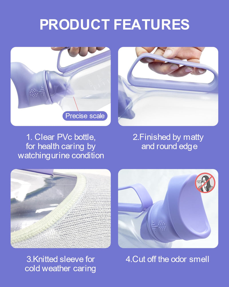 Urinal for Women - Portable Handle with Kniteed Case and Brush, Purple Pee Bottle for Women, Senior, Elderly