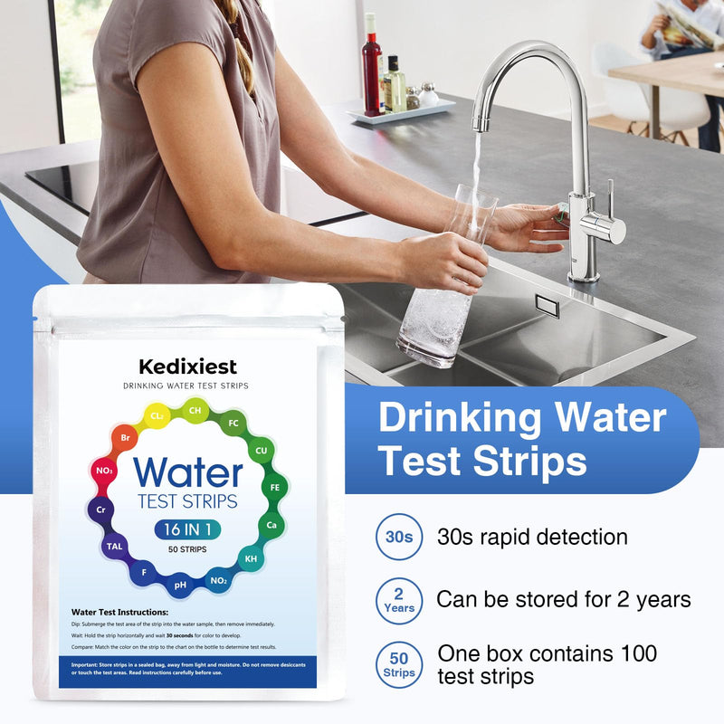 50 PCS 16-in-1 Drinking Water Test Strips, Water Testing Kits for Drinking Water, Home Water Quality Test Lead Hardness Test Kit PH Manganese Nitrate Iron Nitrite Copper Chloride Mercury and More 16 in 1 50 test strips