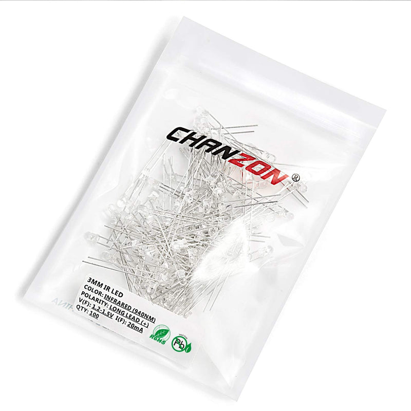 CHANZON 100 pcs 3mm Infrared Ray IR 940nm Emitter LED Diode Lights (Clear Transparent Round Lens DC 1.2V-1.5V 20mA) Lighting Bulb Lamps Electronics Components Indicator Light Emitting Diodes F) 3mm 940nm Ir Emitter (100pcs)