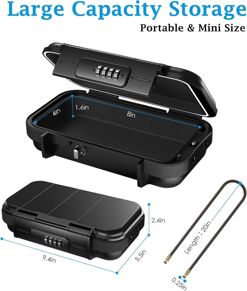 AMIR Portable Safe Box for Travel, Combination Security Case LockBox with Code, Waterproof Anti-Theft Mini Travel Safe Box with Removable Chain, Portable Lock Box for Car Hotel Personal Items Safe Black