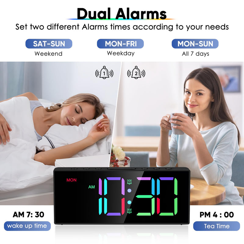 Loud Alarm Clock for Heavy Sleepers, Digital Clocks with Adjustable Volume Brightness,Snooze,Battery Backup, Large Numbers Display RGB Colorful Changing Clock for Bedrooms,Offce Living Rooms