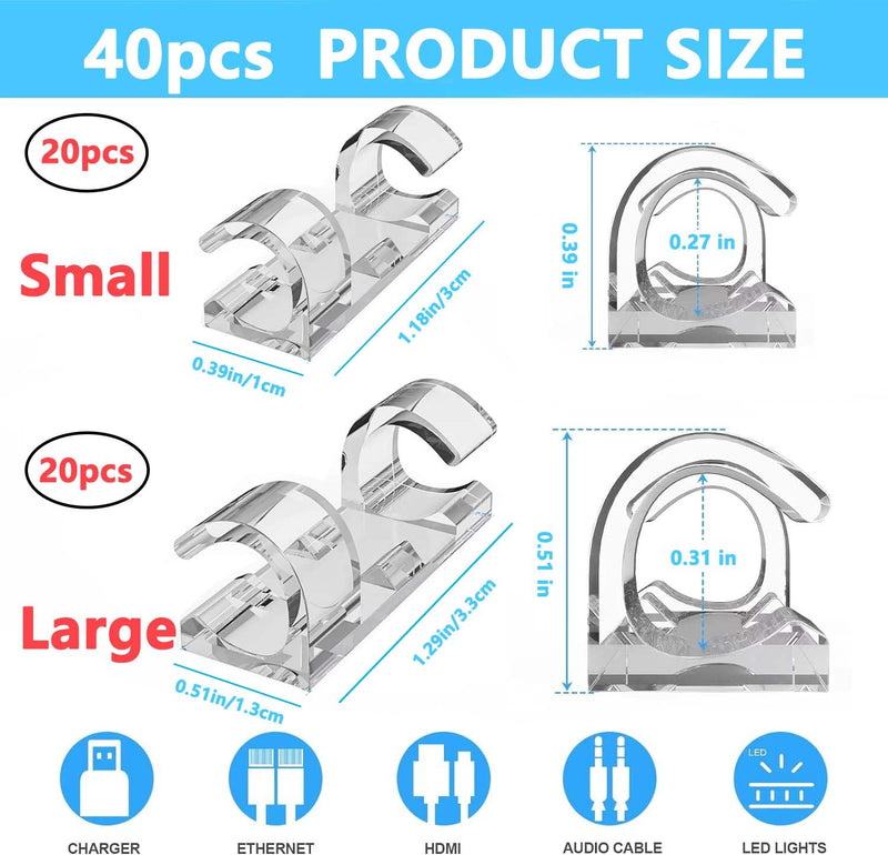 40 PCS Cable Clips (Small & Large),Adhesive Cable Clips for Wall,Finisher Wire Clamp for TV PC Laptop,Cable Management Clips Outdoor Light Clips (Clear) Clear