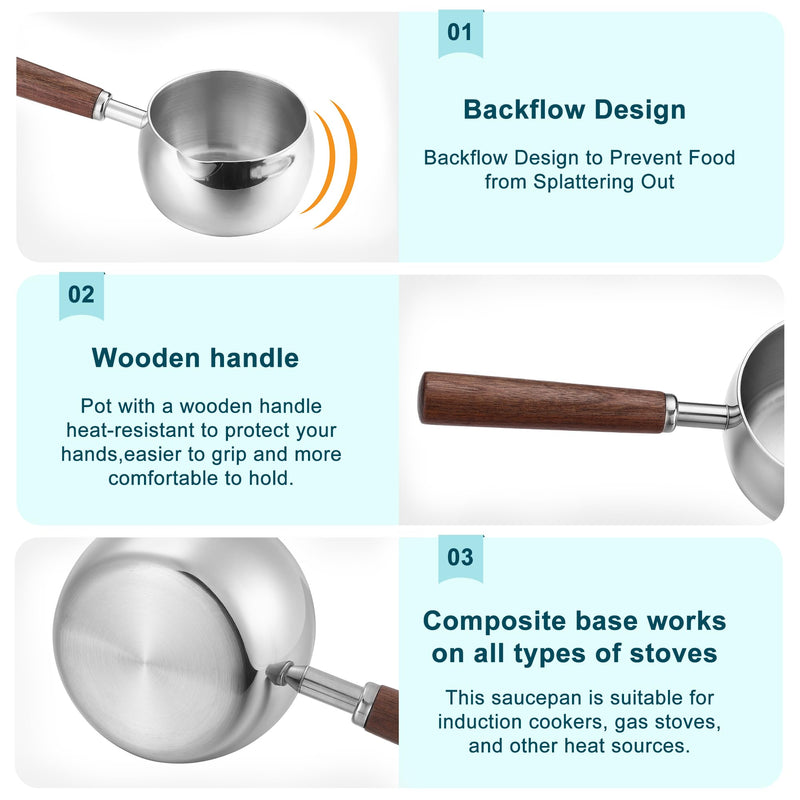 Milk Pot,500ML 17oz Stainless Steel Milk Butter Warmer Pot, Mini Sauce Pan | Milk Boiler with Wooden Handle, Heating Milk, Melting Butter, Warming Sauces