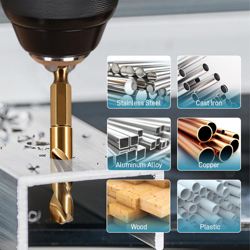 7Pcs Cobalt Stubby Drill Bit Set M35 HSS 1/4" Hex Shank 3/32"-3/8" | Short Drill Bits for Wood Plastic Hardened Steel Stainless Steel 135° Split Point Heavy Duty Hex Shank Drill Bit Set