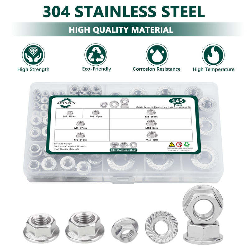 145 PCS 5 Size Metric Flange Nuts Assortment Kit, 304 Stainless Steel Serrated Flange Hex Lock Nuts-M3, M4, M5, M6, M8, M10, M12 Metric 145PCS
