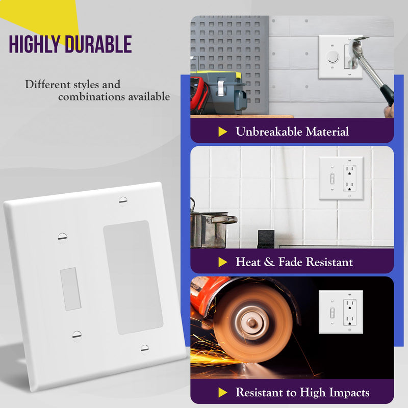 Enerlites 881131-W Decorator/Toggle Switch Wall Plate Combination, 2-Gang, White, Standard Size, Unbreakable Polycarbonate, Replacement Receptacle Faceplates Outlet Cover 1 Pack