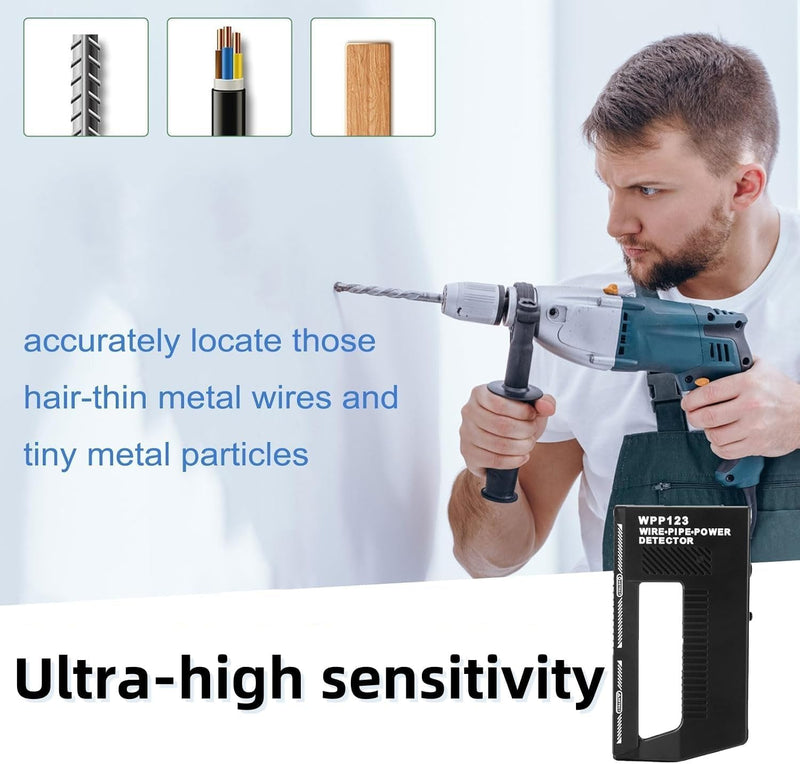 High-Sensitivity Wall Scanner & Metal Detector - Adjustable Alert for Pipes and Wires - Multifunctional Stud Finder for Adults - Durable Plastic Design (Black, Model WPP123)