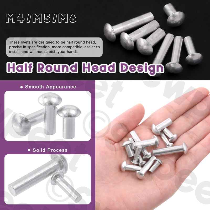 Swpeet 300 Pack M4 M5 M6 × 10mm 14mm 20mm 25mm Solid Aluminum Brazier Head Rivets, Aluminum Rivet, Plain Finish, Universal Head, High Corrosion Resistance for Repairing Boats, Aircraft, Making Armor