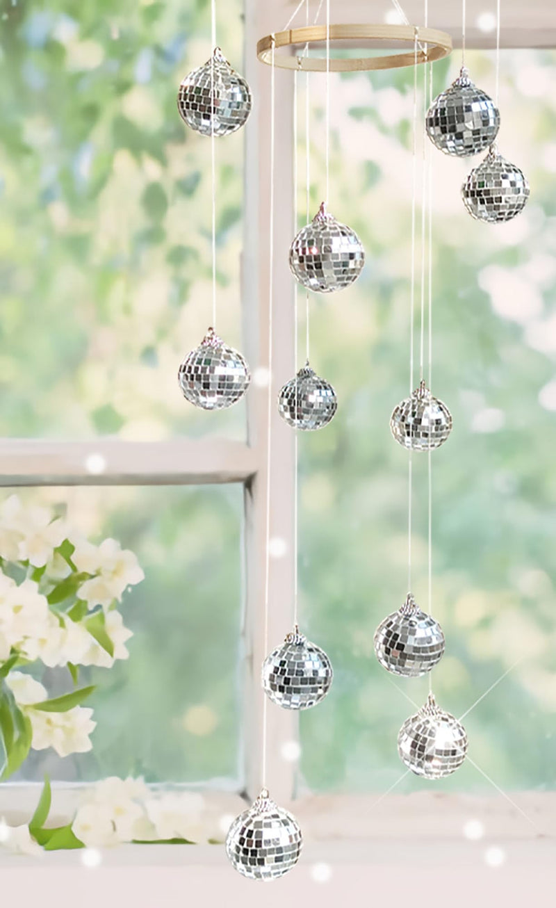 Disco Ball Mobile Spiral Spinner Ball 32 Inch Height with Bamboo Circle for Indoor Outdoor Yard Garden Patio Home Decoration and Party Weding Festival Birthday two circls