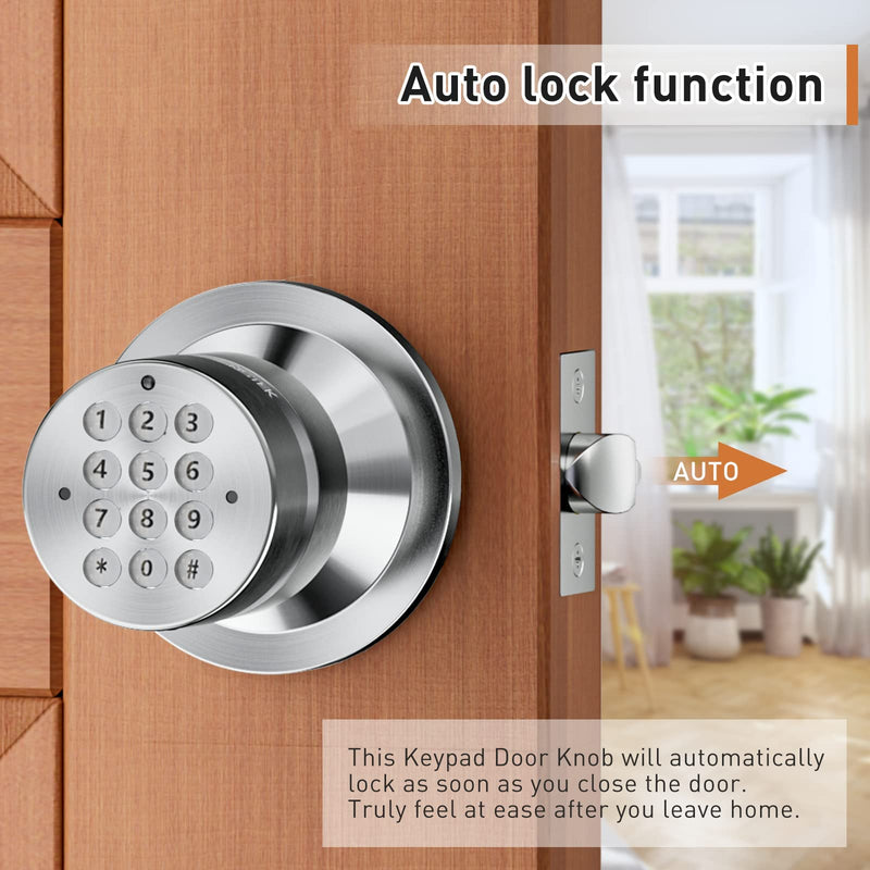 Signstek Keyless Entry Door Lock, Door Knob with Keypad, Smart Code Door Lock, Mute Mode, Passage Function, Easy to Install, Satin Nickel