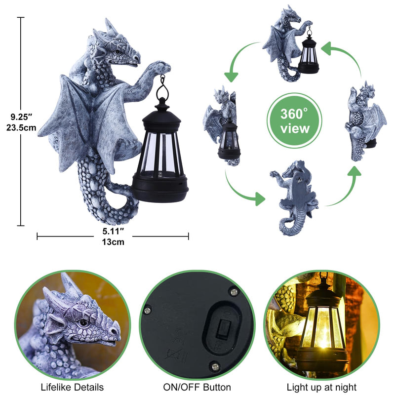 Dragon Tree Hugger with Solar Lantern - 9.3 Inch Resin Statue for Outdoor Garden Decor - Ideal Housewarming & Birthday Gifts for Grandma Mom Women Gray