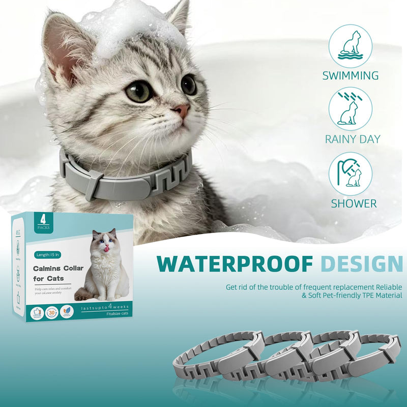 Calming Collar for Cats 4 Pack, Pheromone Stress Relief Collar for Indoor Cats, 15-Inch Adjustable Breakaway Design, 120-Day Support for Travel, Vet Visits, Moving, Fireworks Grey