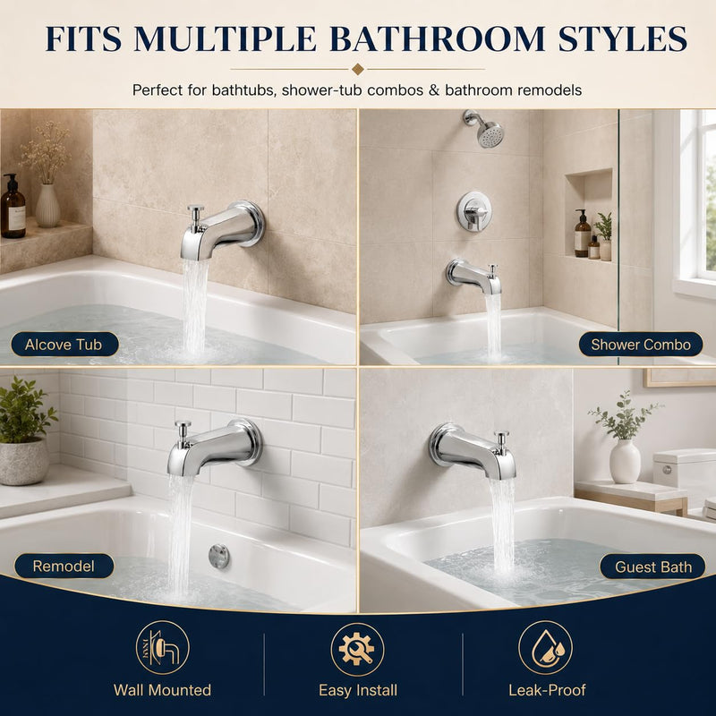 5.3" Chrome Bathtub Spout with Diverter, All-Metal Replacement Kit