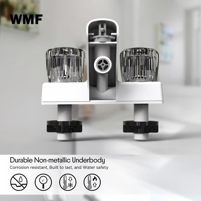 WMF Mobile Home RV Tub & Shower Faucet, Smoke Double Handles, 4" on Center, Non Metallic, for Travel Trailers, Campers Must Haves, Motorhomes Accessories, Farmhouse White