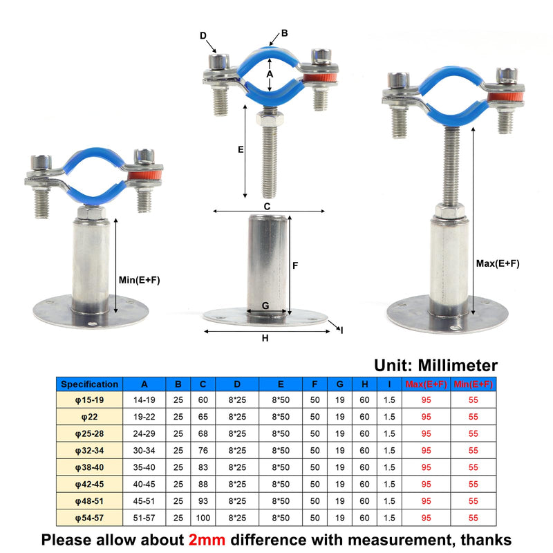 Kodilin 4PCS 304 Stainless Steel Wall Mount Ceiling Mount Pipe Supports,Suitable for OD Pipe 1/2"(19-22mm),Adjustable Height 50-100mm,Adjustable Pipe Strap Clamp with Screws Adjustable Height 50-100mm 4pcs 1/2"(19-22mm)