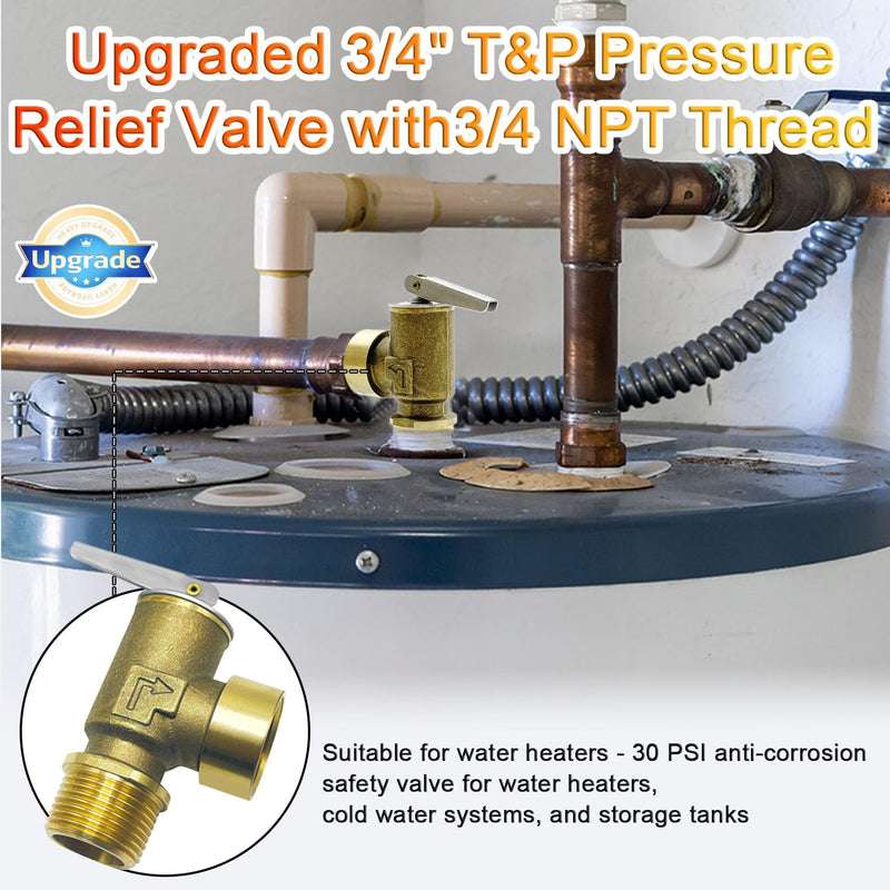 Upgraded 3/4" T&P Pressure Relief Valve with 3/4 NPT Thread for Hot Water Heater- 30 PSI ，Pressure Relief Valve for Boiler Water Heater&Cold Water Systems& Water storage Tanks 3/4"with 30PSI