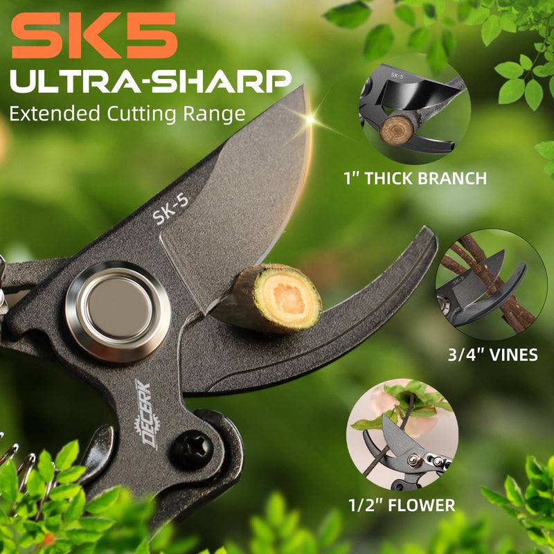 Pruning Shears for Gardening - DECERK 8.5" Professional Bypass Garden Scissors & Clippers for Branch Trimming, Super Sharp SK5 Blade, Ergonomic Handle, Gardening Gift Women Men - 2025 Heavy Duty Tools Black Orange