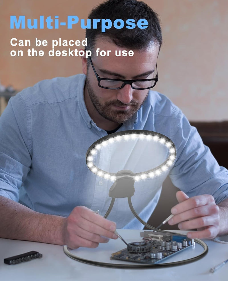 5X Hands-Free Magnifying Glass with 24 LED Lights, 5.12" Rechargeable Magnifier with Flexible Gooseneck for Neck Wear, Large Page Magnifier for Seniors Reading, Repairing, Sewing, Cross Stitch