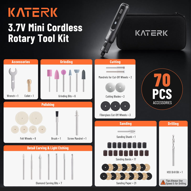 Katerk 3.7V Mini Cordless Rotary Tool, 5-Speed 70 Pcs Kit for Crafts DIY