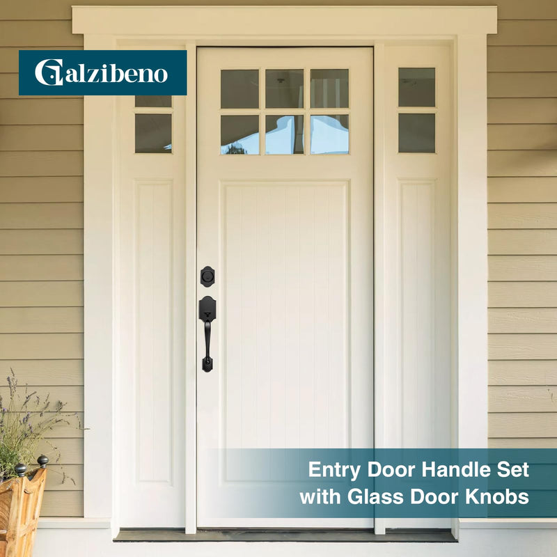 Black Front Door Handle and Deadbolt Set, Front Door Lock Set with Crystal Glass Door Knob, Entry Door Lock Set with Single Cylinder, Reversible for Right & Left, Matte Black Classic
