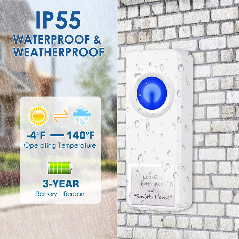 Wireless Doorbell, PHYSEN Waterproof Door bell Chime Kit Operating at 1300-ft Range 58 Adjustable Melodies 5 Volume Levels & LED Flash, Doorbell Alarm for Home/Classroom, 2 Push Buttons+4 Receivers 2 Buttons + 4 Receivers