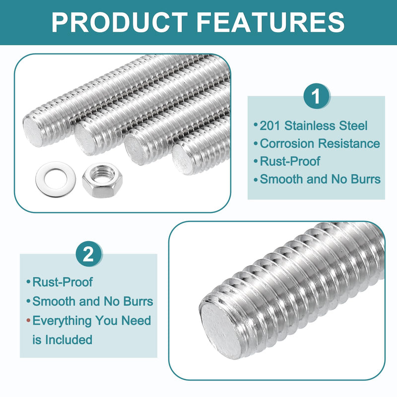 uxcell 2pcs Fully Threaded Rod, M16 x 200mm Stainless Steel Right Hand Threads Rods with Nuts and Flat Washer Fully Studding Rod Bar for Clamps, Hangers and U-Bolts 2